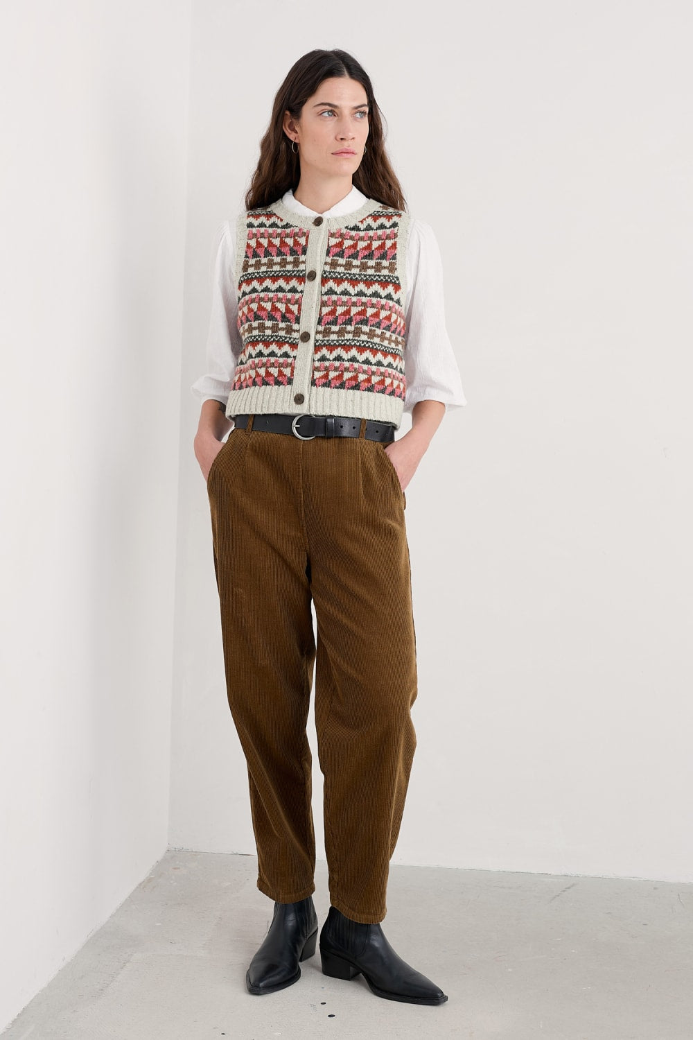 Seasalt Dawson Pick Fair Isle Vest in Zig Zag Geo Aran Red Sail