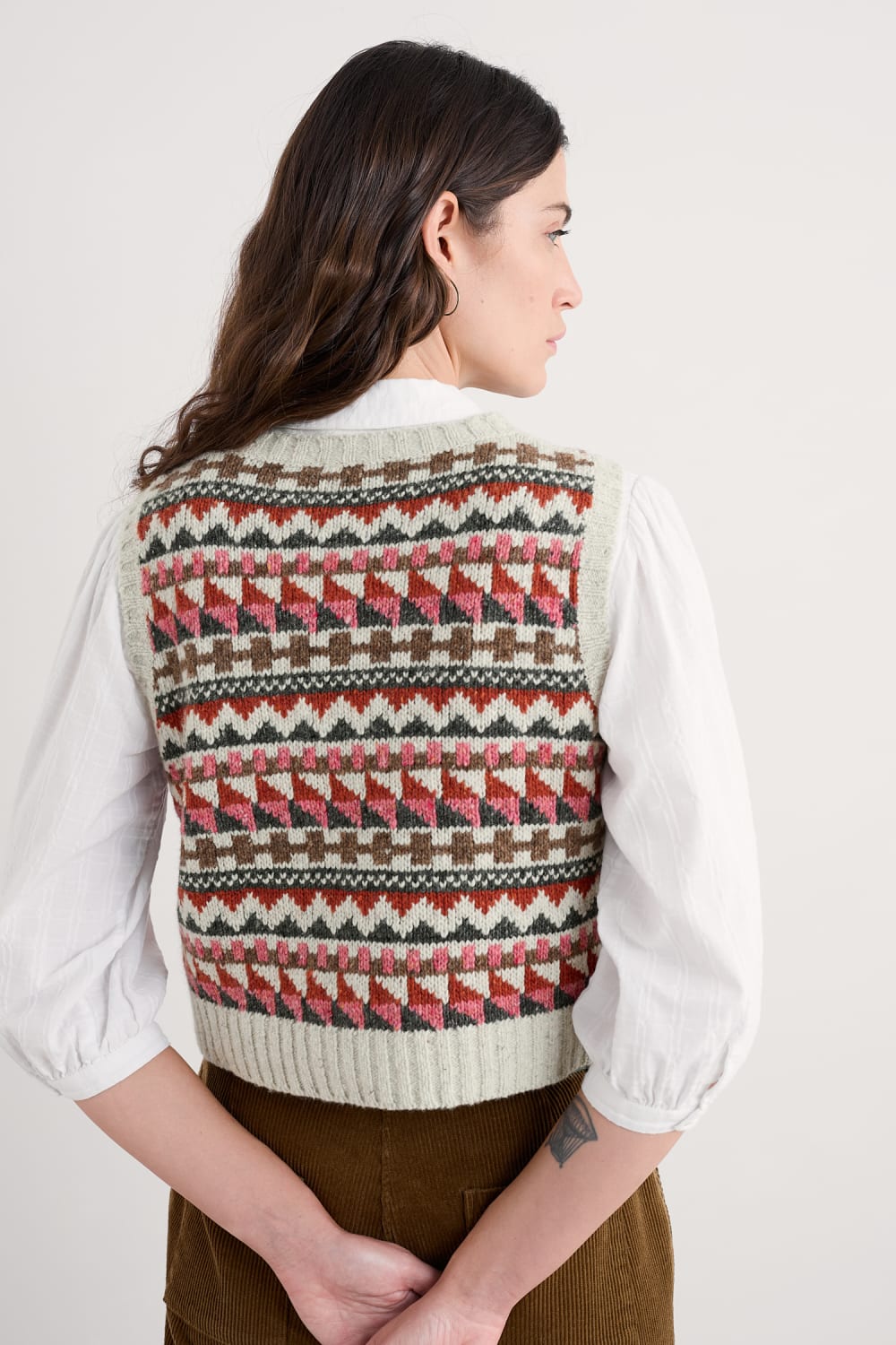Seasalt Dawson Pick Fair Isle Vest in Zig Zag Geo Aran Red Sail