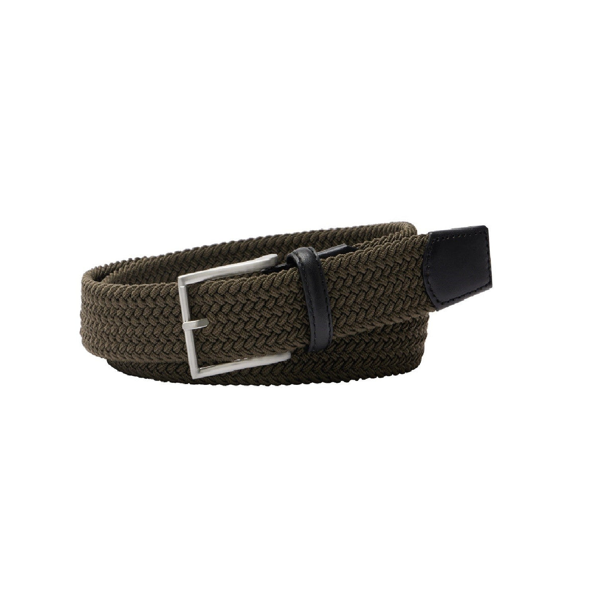 Brown-khaki coloured woven plaited belt with metal buckle and leather ends