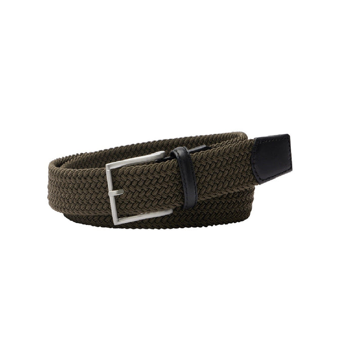 Brown-khaki coloured woven plaited belt with metal buckle and leather ends
