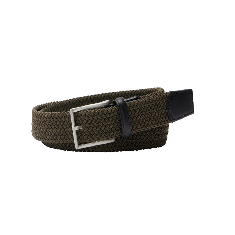Brown-khaki coloured woven plaited belt with metal buckle and leather ends