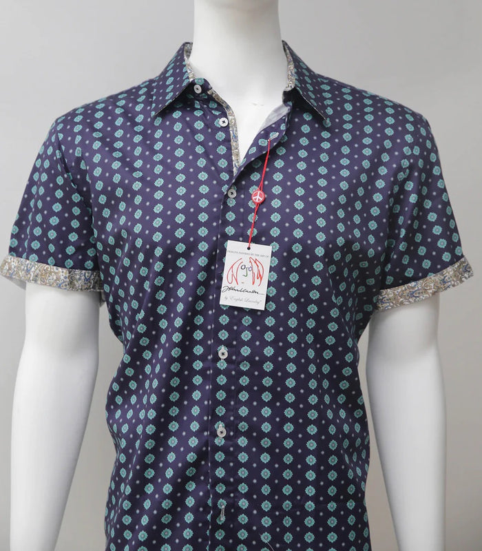 John Lennon Short Sleeve Shirt Navy Print 'Riverside'