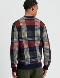 Jacquard Check Crew Jumper in Dark Navy