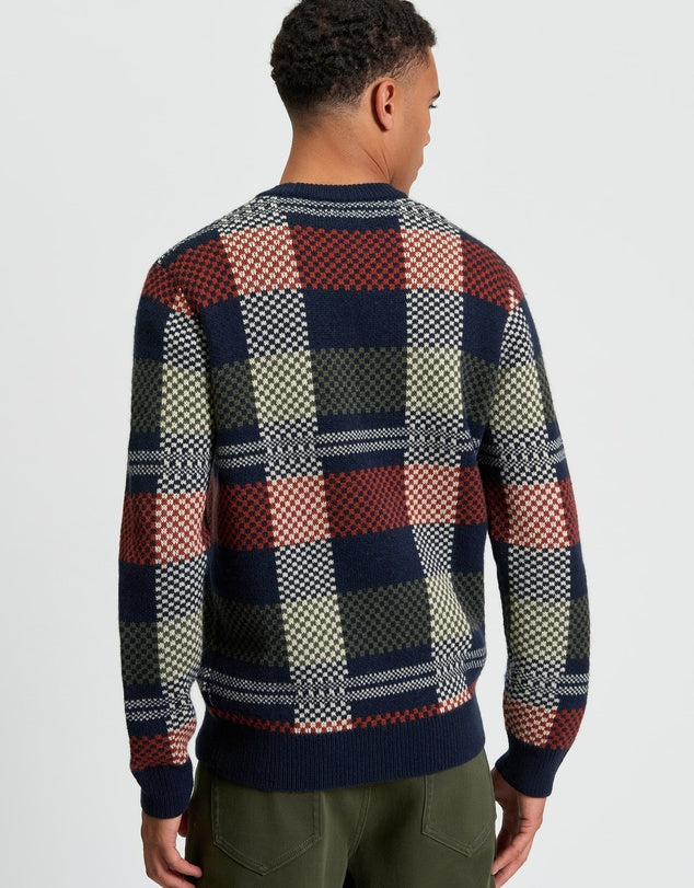 Jacquard Check Crew Jumper in Dark Navy