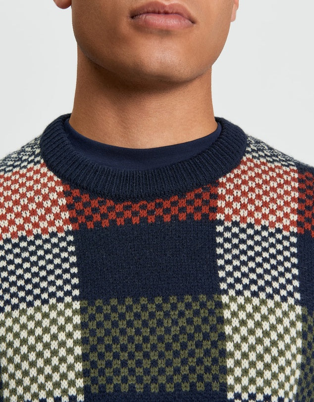 Jacquard Check Crew Jumper in Dark Navy