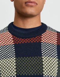 Jacquard Check Crew Jumper in Dark Navy