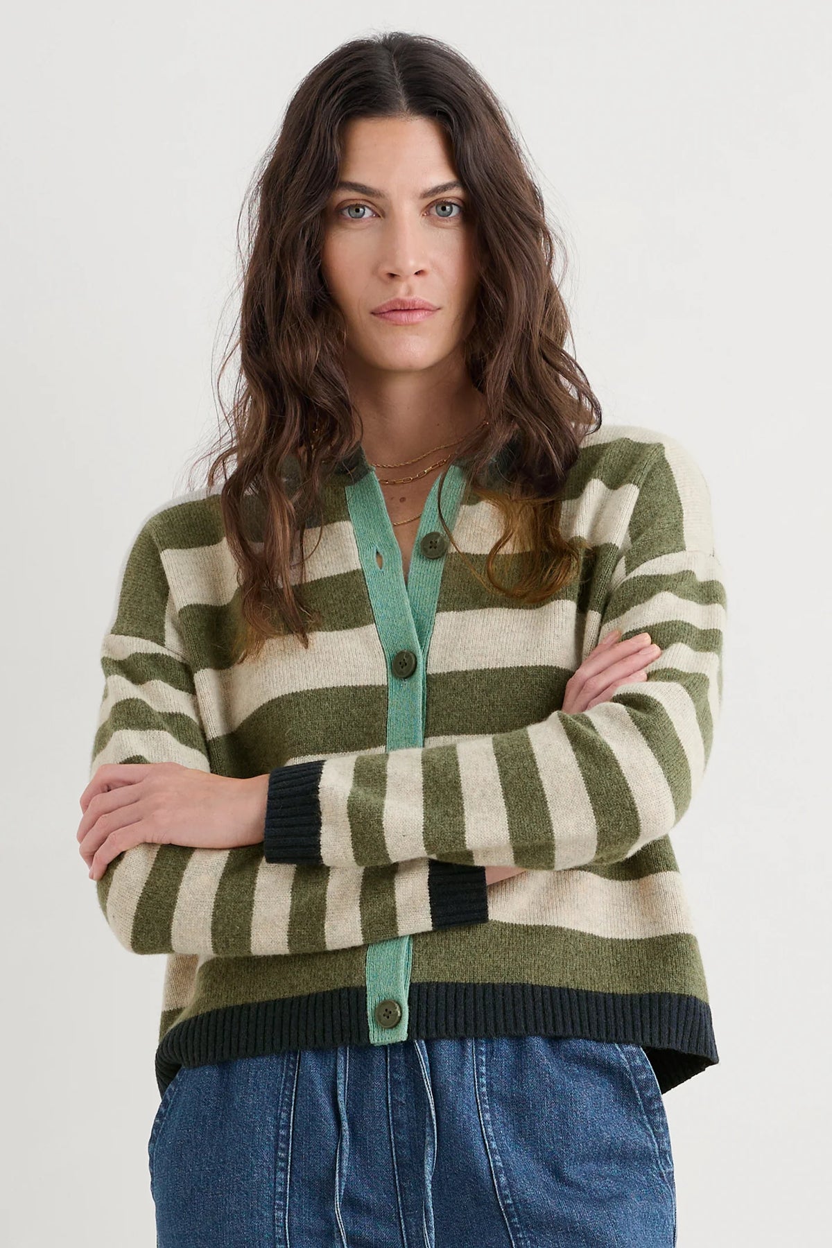 Seasalt Pinwell Striped Cardigan in Bright Shape Light Olive Mix