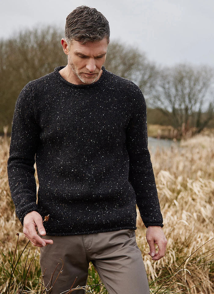 Fisherman out of Ireland Roll Edge Jumper in Raven